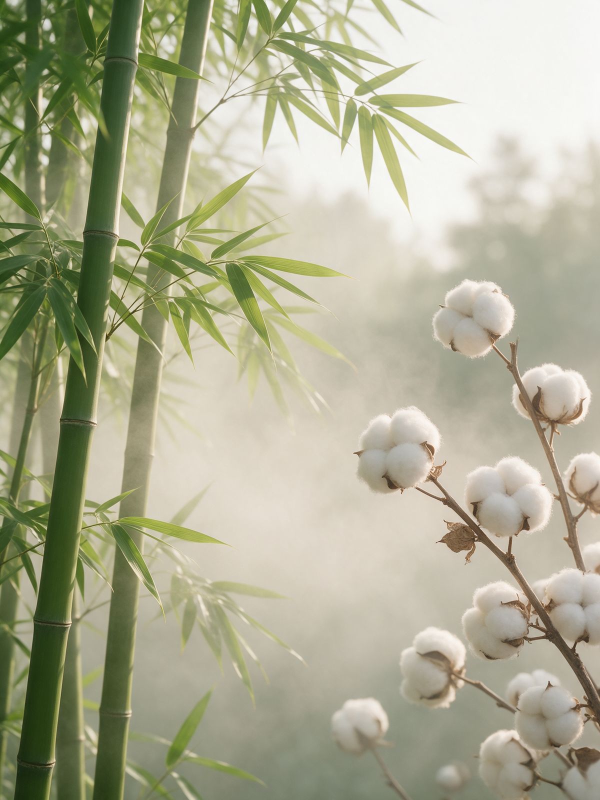 Canne di bambù da un lato e fiocchi di cotone dall’altro, nella nebbia del mattino.