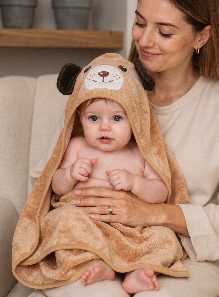 A mother holding her baby wrapped in a caramel dog hooded towel.