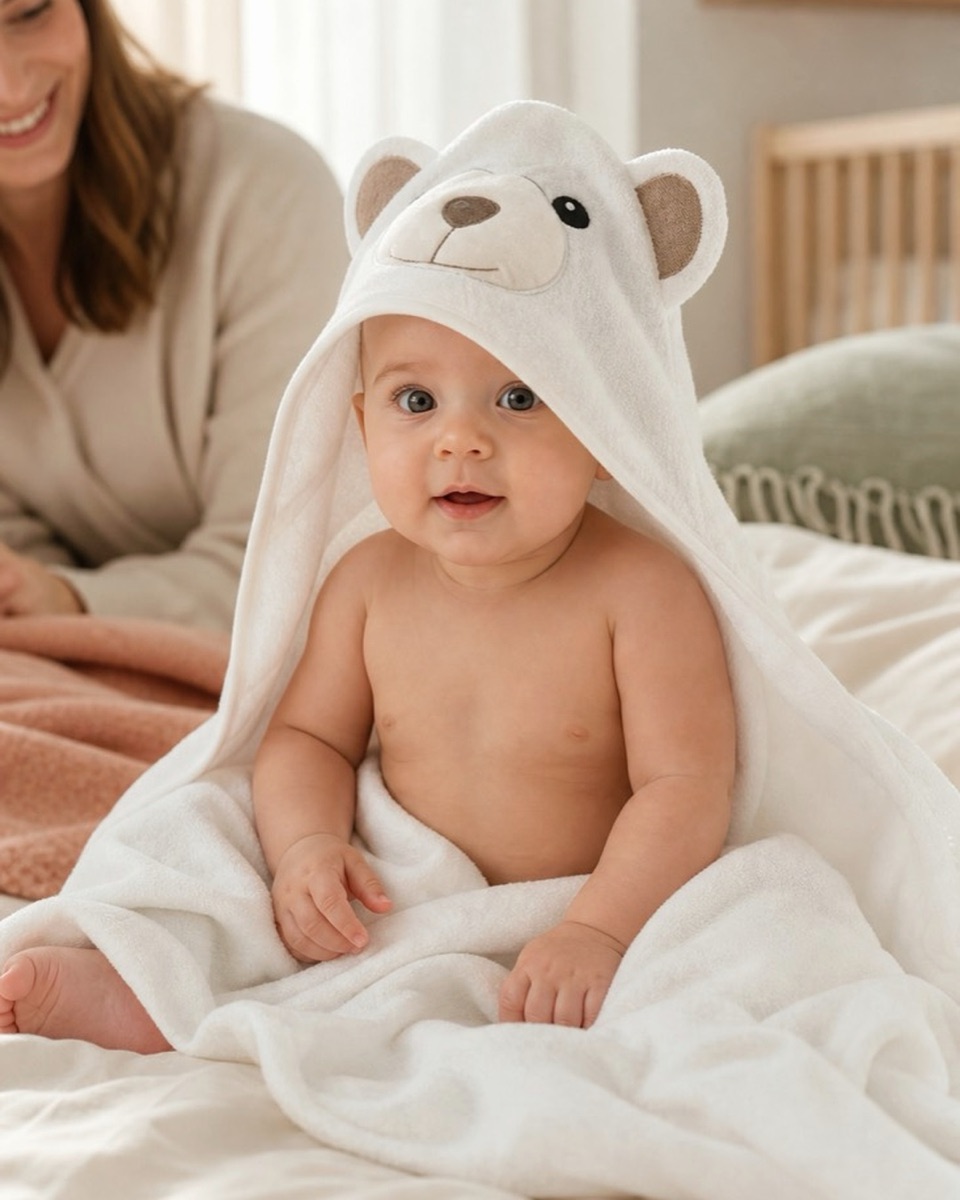 Ein Baby, eingewickelt in ein weißes Bären-Kapuzenhandtuch, ruht auf einem Bett neben einem Elternteil in einem sanft beleuchteten Schlafzimmer