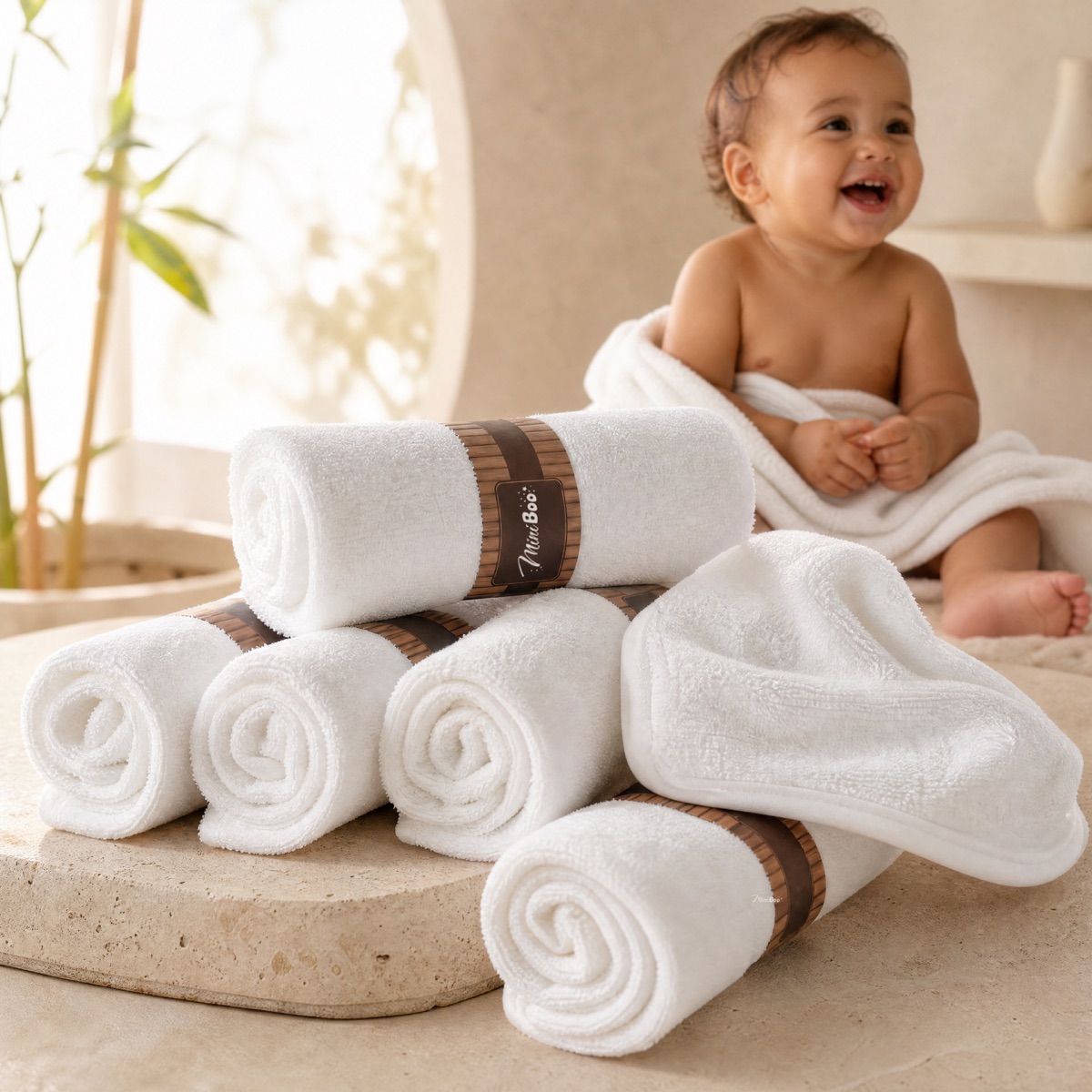 A baby sitting beside a pile of rolled white MiniBoo washcloths.