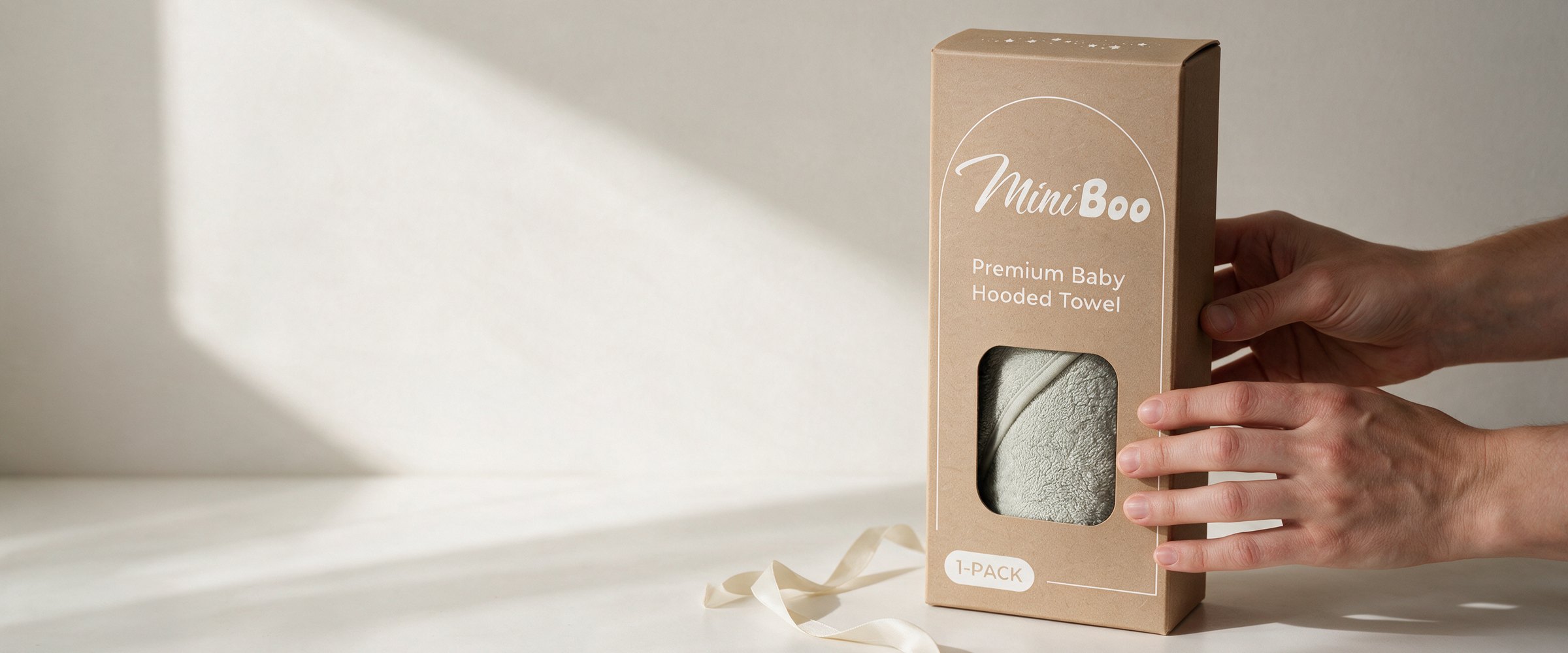 Hands lifting a MiniBoo gift box with a sage hooded towel inside