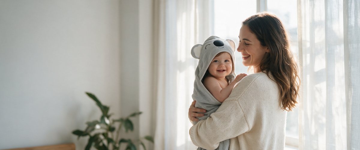 A mother holding her smiling little one, wrapped in the Sleepy Koala hooded towel, by a sunny window