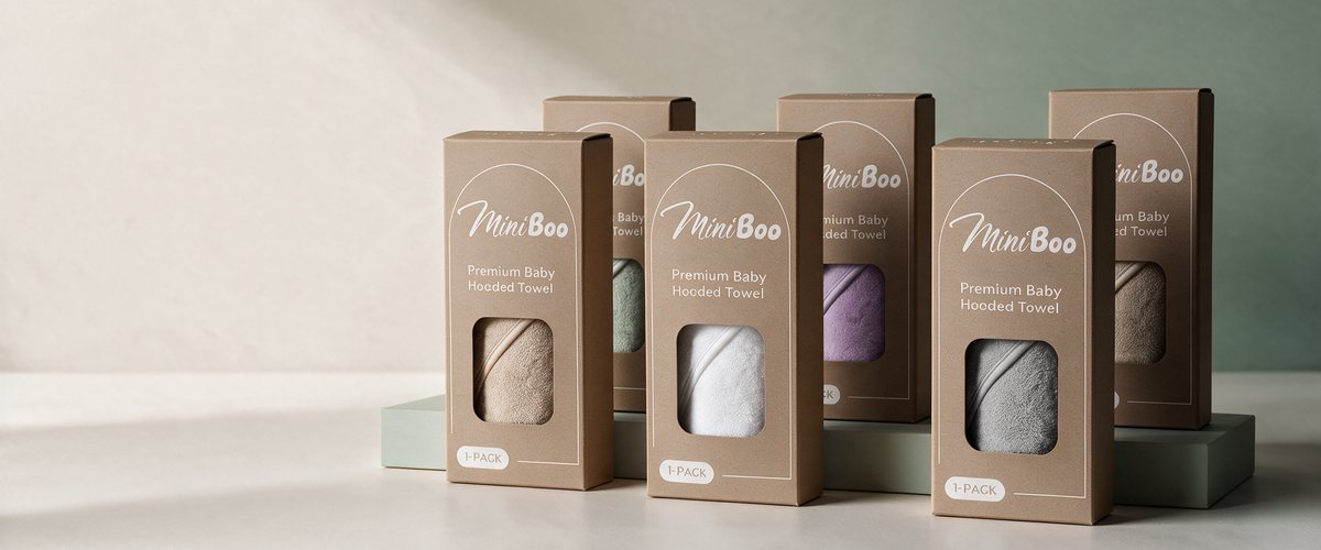 MiniBoo hooded towels in kraft gift boxes lined up on a table in soft daylight