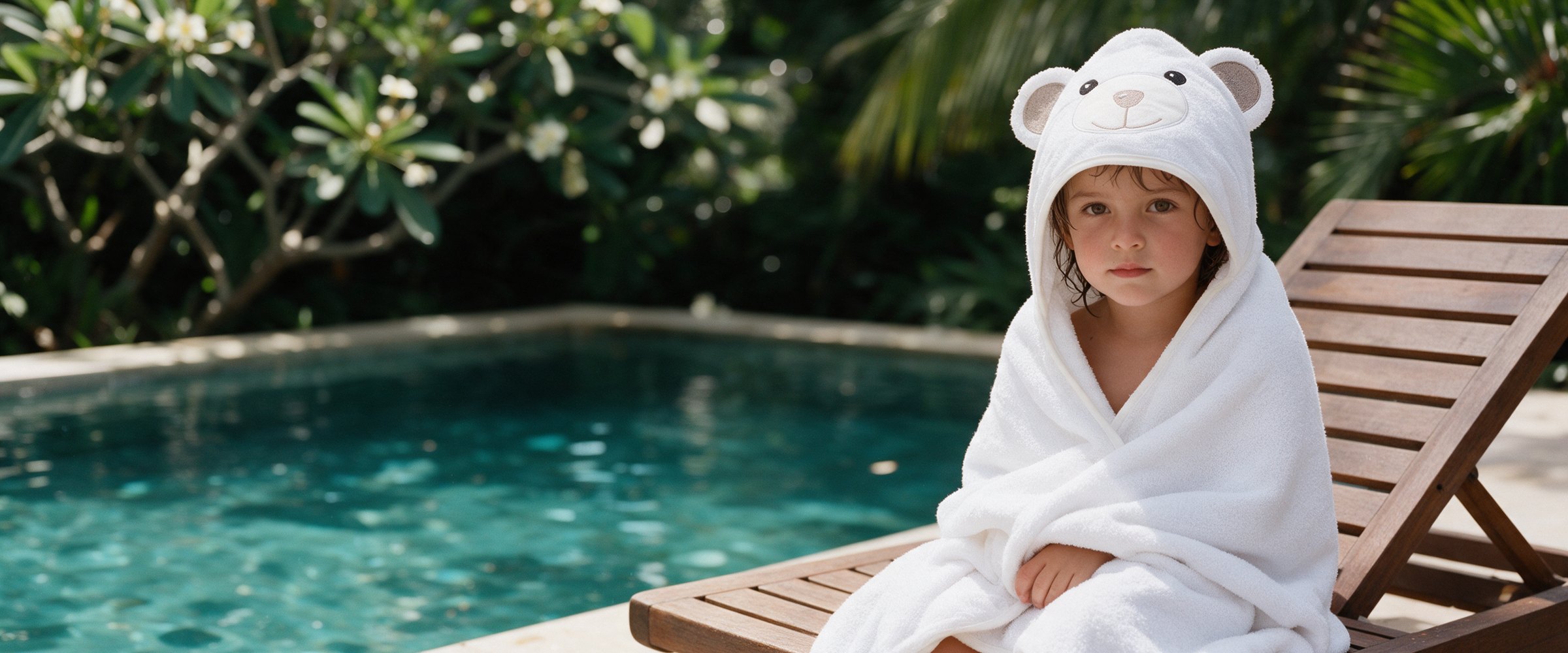 A child wrapped in The Bear hooded towel on a sun lounger beside a pool in a tropical garden
