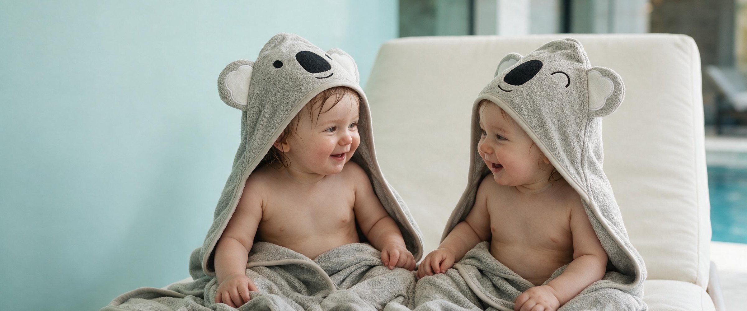 Two babies laughing in koala hooded towels on a lounger by the pool