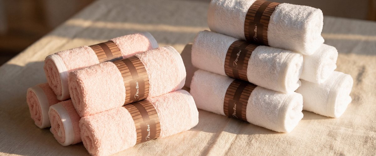 Rolled pink and white MiniBoo washcloths with brown paper bands on a linen tablecloth