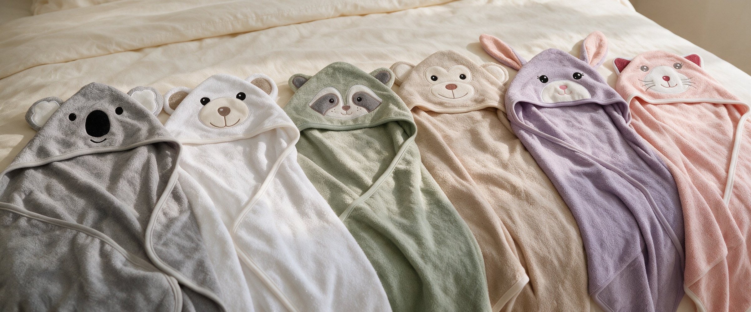 Six MiniBoo hooded towels with animal faces laid side by side