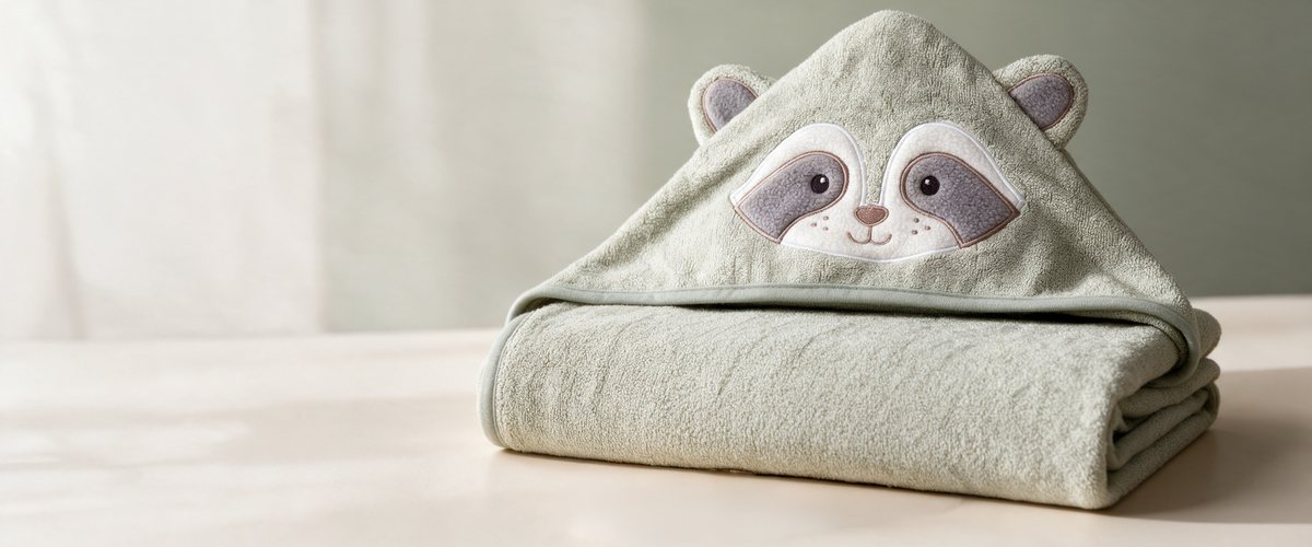 The Raccoon hooded towel neatly folded on a light table, fresh from the wash