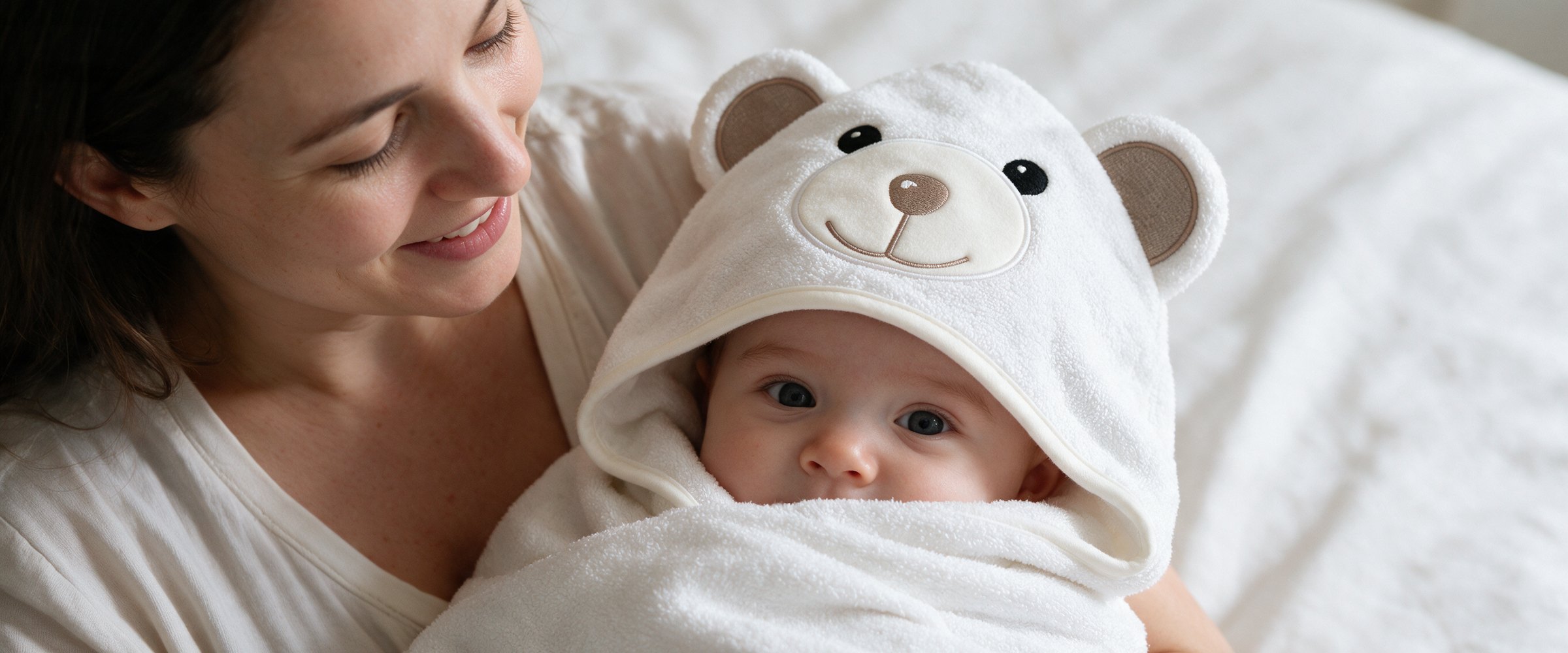 Una mamma coccola il suo bambino avvolto nell'accappatoio con cappuccio The Bear dopo il bagnetto