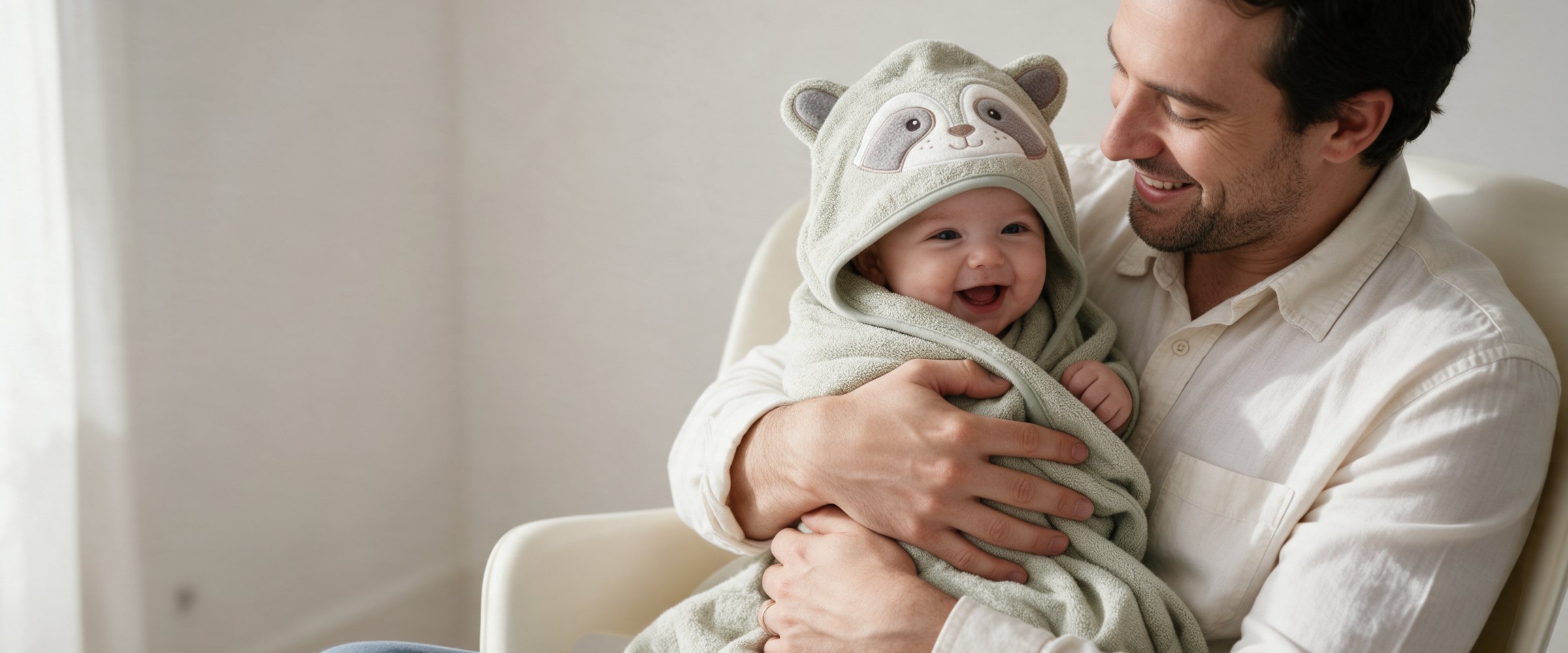 A father holding his laughing toddler wrapped in The Raccoon hooded towel