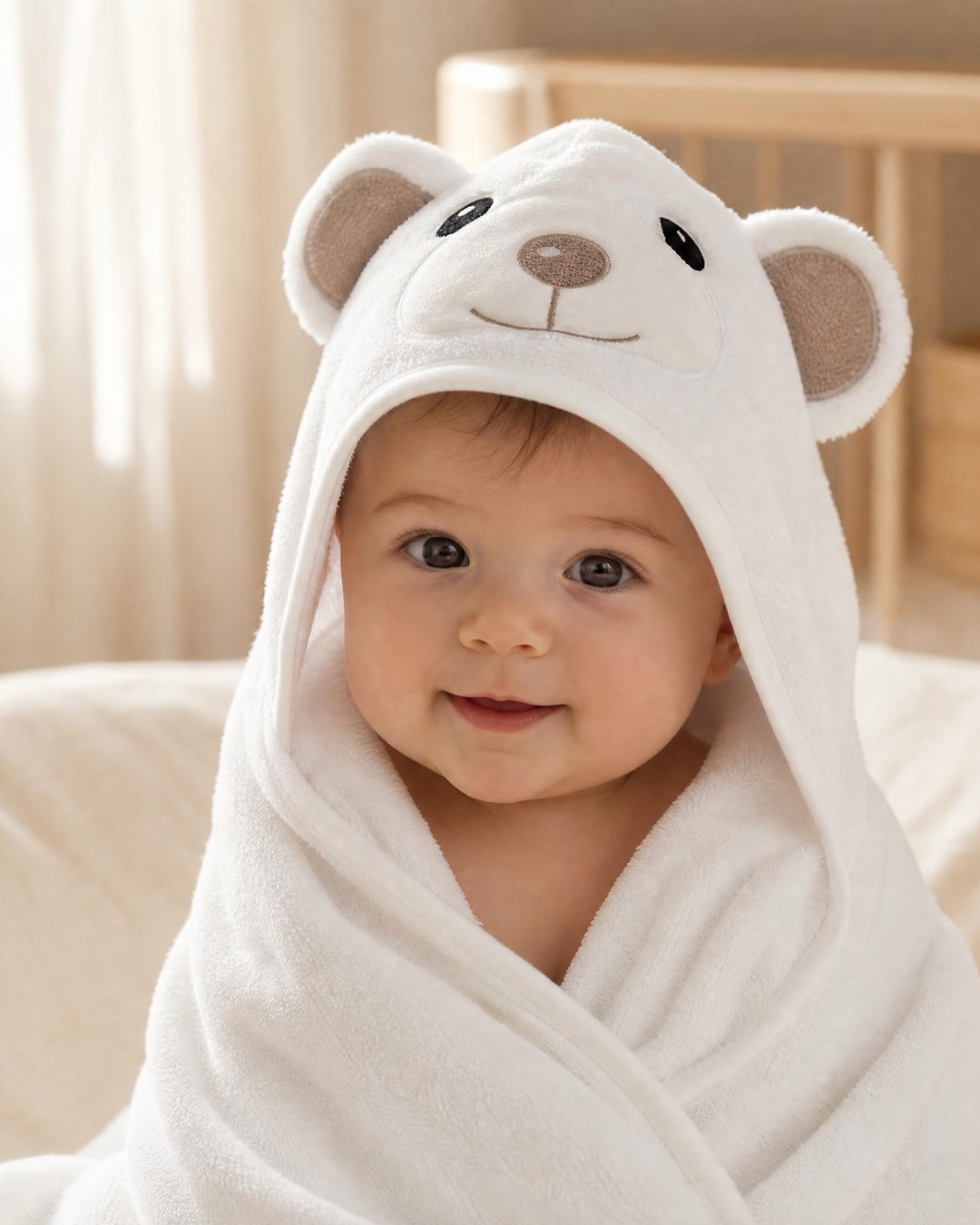 Ein Baby, kuschelig eingewickelt in ein weißes Bären-Kapuzenhandtuch nach dem Bad, in einem warmen Kinderzimmer