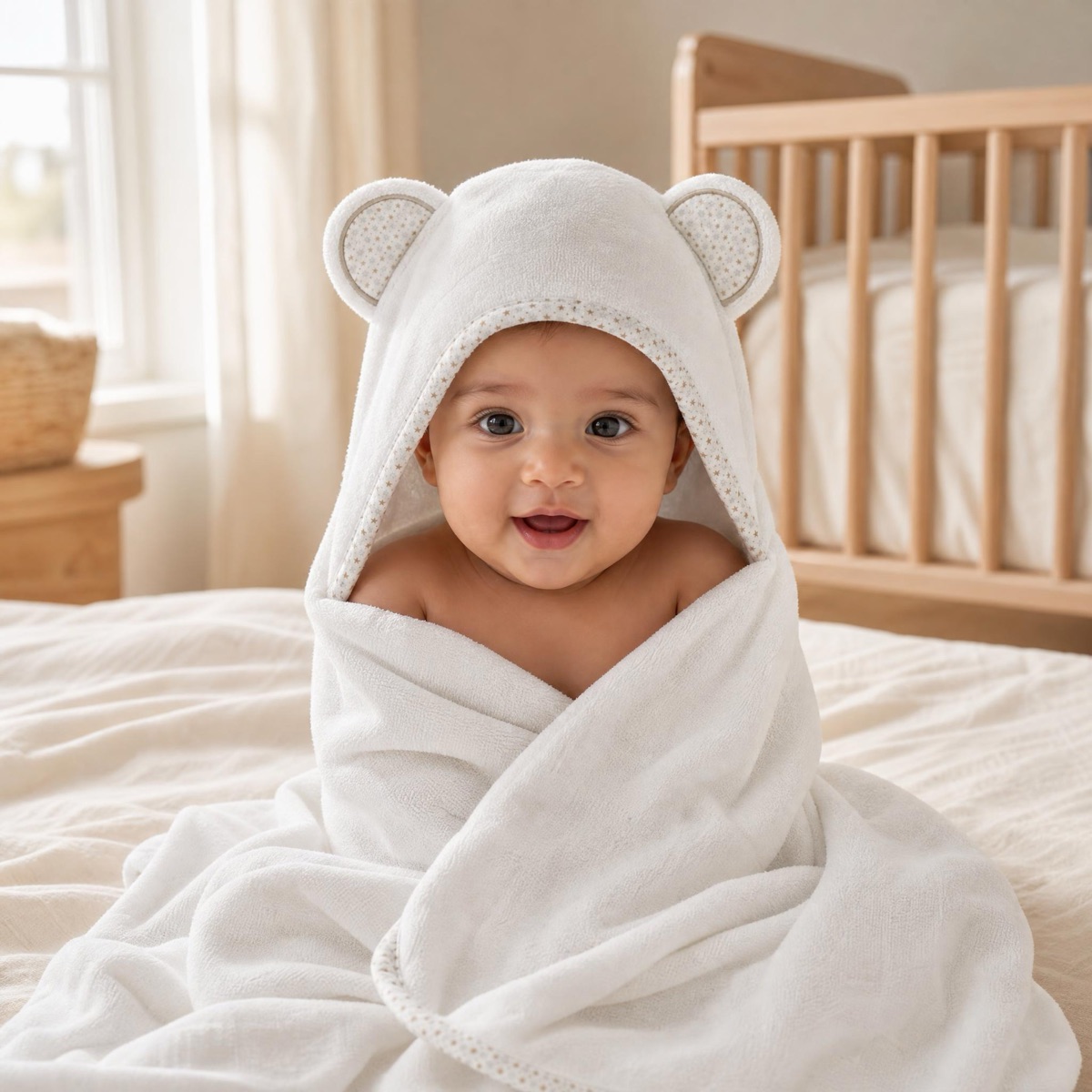 Ein lächelndes Baby liegt auf einem Bett und ist in ein weißes MiniBoo-Kapuzenhandtuch mit Bärenmotiv eingekuschelt