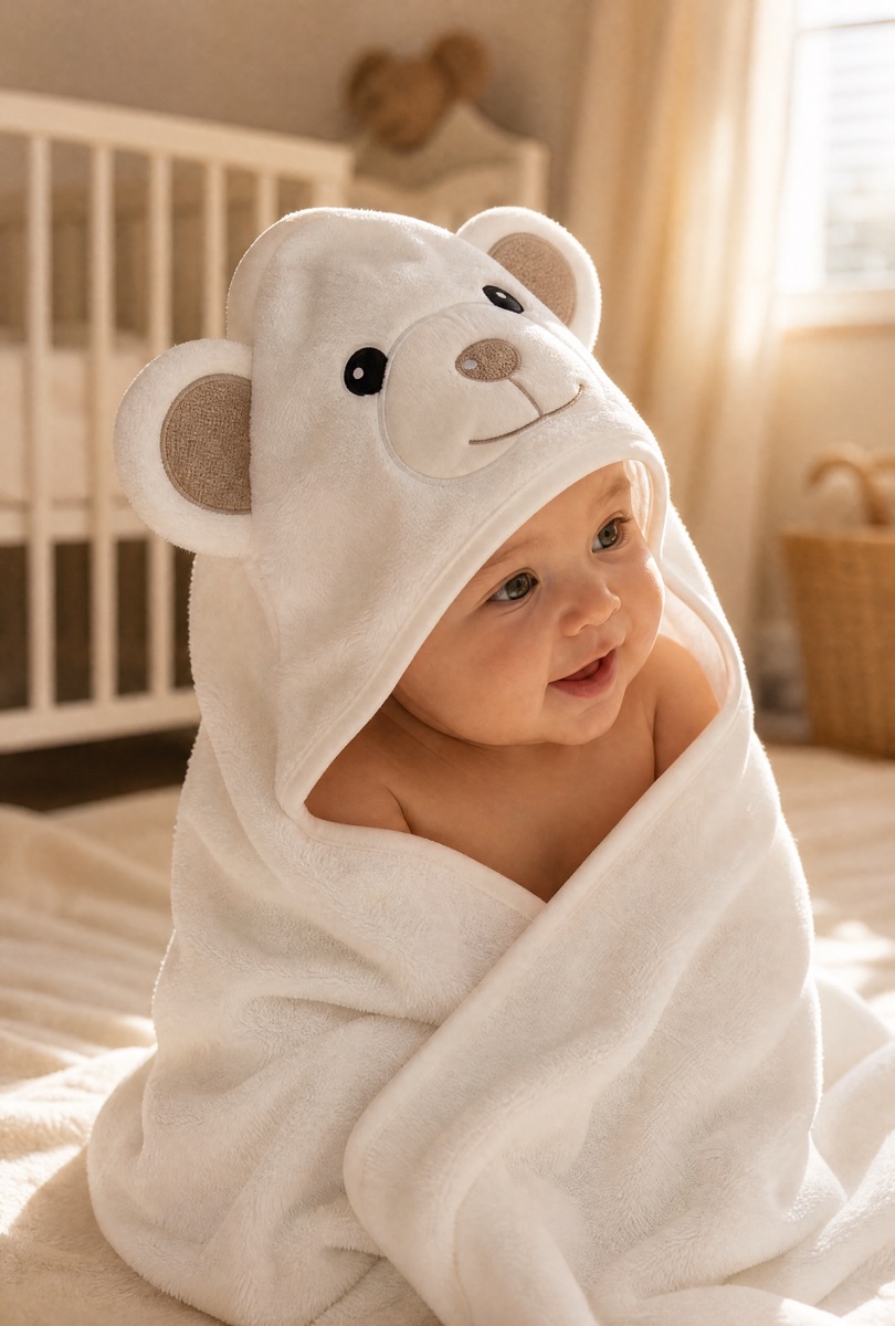 Ein Baby ist nach dem Bad in ein weiches MiniBoo-Kapuzenhandtuch mit Bärenmotiv gewickelt