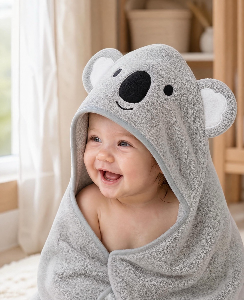 Ein Baby ist nach dem Bad in ein weiches MiniBoo-Kapuzenhandtuch mit Koalamotiv gewickelt