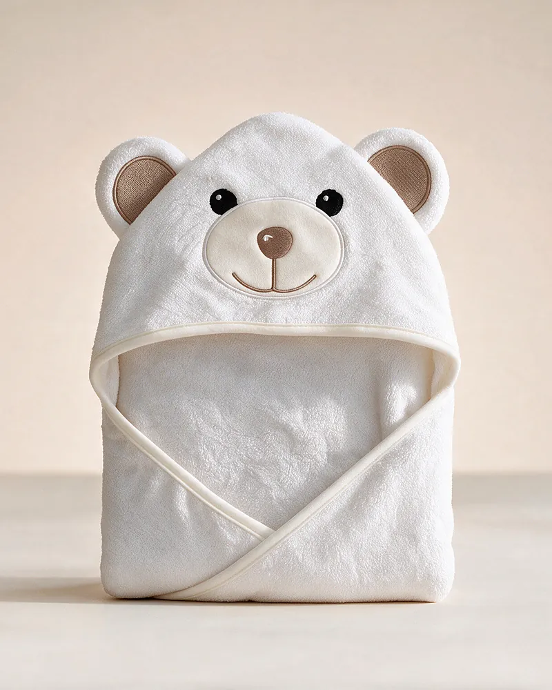 Der kleine Bär: weißes MiniBoo-Kapuzenhandtuch mit gesticktem Bärengesicht