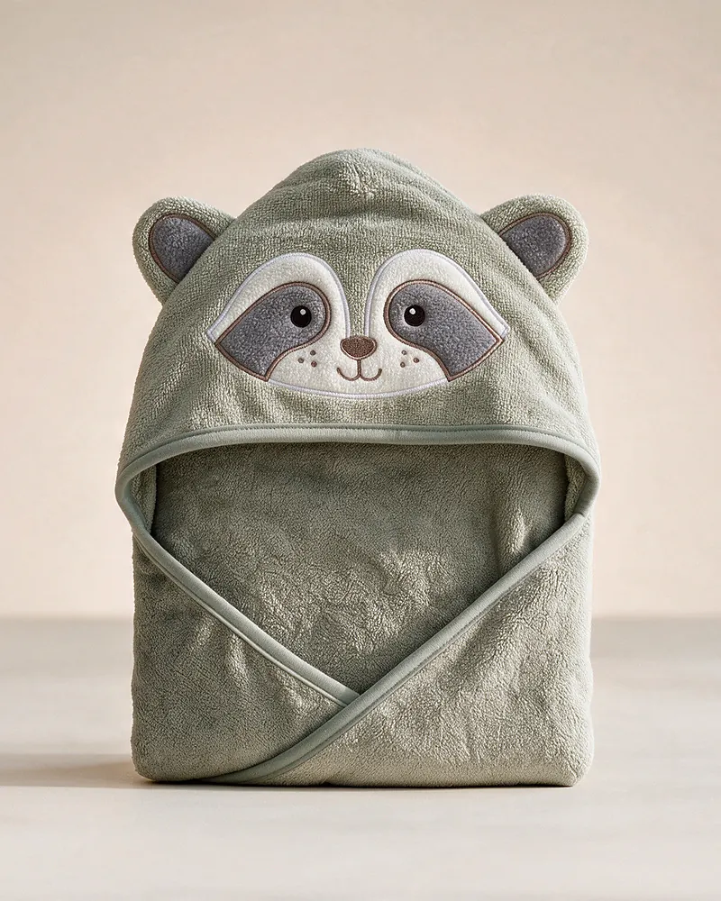 Der Waschbär: salbeigrünes MiniBoo-Kapuzenhandtuch mit Waschbärmaske