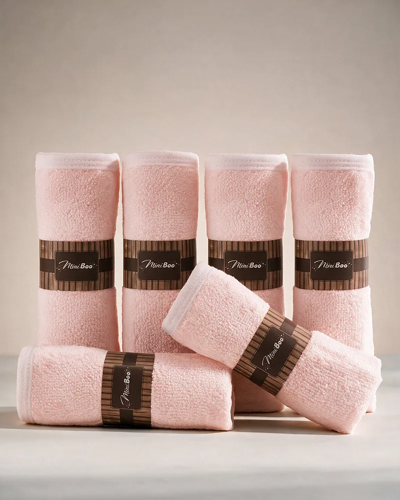 Die Waschlappen: sechs rosa MiniBoo-Waschlappen, aufgerollt und mit Papierbanderolen